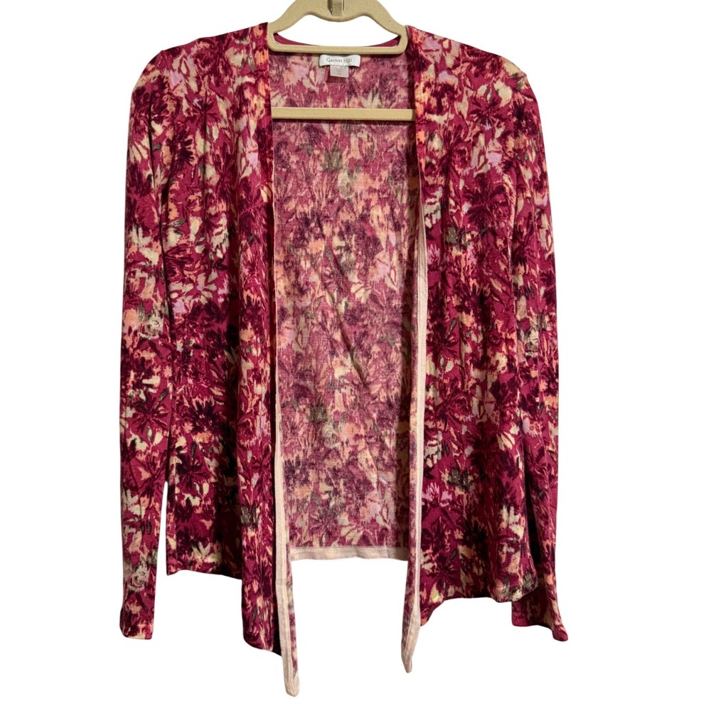 Garnet Hill Womens XS Pink Floral 100% Merino Wool Open Front Cardigan Sweater